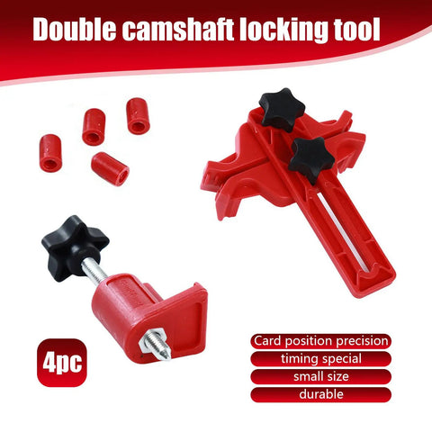 Shop Standard 9 Piece Cam Timing Sprocket Locking Tool Kit With Grippy Double Camshaft Clamp For Quick Under Hood Tune Ups and Rock Solid Engine Timing Alignment On Daily Trucks Or Muscle Cars, featuring durable red double camshaft locking tool.