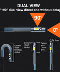 Game Changer Articulating Borescope with dual lenses and flexible snake probe showing 0° and 90° dual view angles.