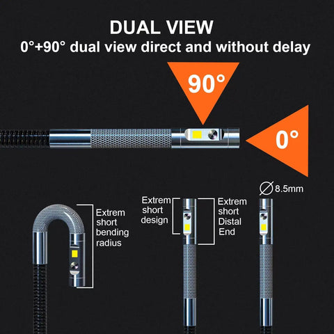 Game Changer Articulating Borescope with dual lenses and flexible snake probe showing 0° and 90° dual view angles.