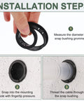 Round Cable Snap Bushing Grommets Pack Of 20, 1 Inch Black Snap In Protectors for Wires showing installation steps.