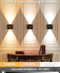 DEXULESA 2 Pack Motion Sensor Wall Light Magnetic Rechargeable Wall Sconce displaying three color temperatures on wall.