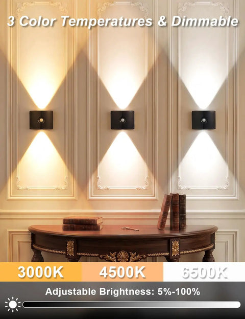 DEXULESA 2 Pack Motion Sensor Wall Light Magnetic Rechargeable Wall Sconce displaying three color temperatures on wall.