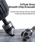 Close-up of Three Piece Countersink Drill Bit Set With 82 Degree Angle, 3 Flutes, Pro Grade Quick Change Hex Shank in use on metal.