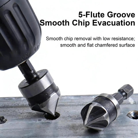 Close-up of Three Piece Countersink Drill Bit Set With 82 Degree Angle, 3 Flutes, Pro Grade Quick Change Hex Shank in use on metal.