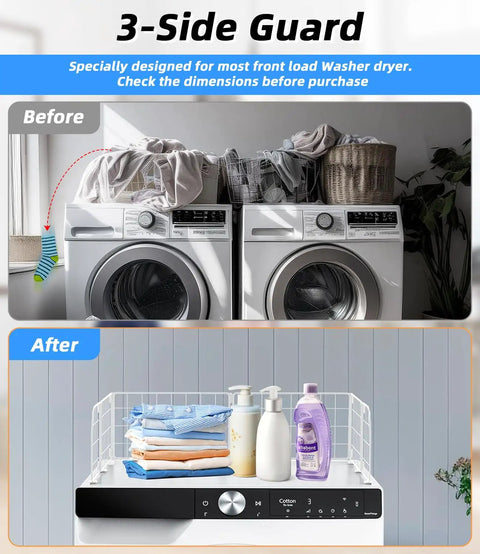 Before and after using Magnetic Laundry Guard 24 Inch Wide For Front Loading Washers And Dryers, Metal Countertop Organizer Topper.