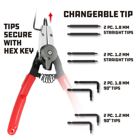 Combo Snap Ring Pliers With Internal And External Switch, Pro-Grade Ring Remover Tool, red handles, switchable tips shown