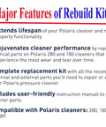 Major features of Pool Cleaner Tune Up Kit For Polaris 280 And TR28P on white background with text in red and blue