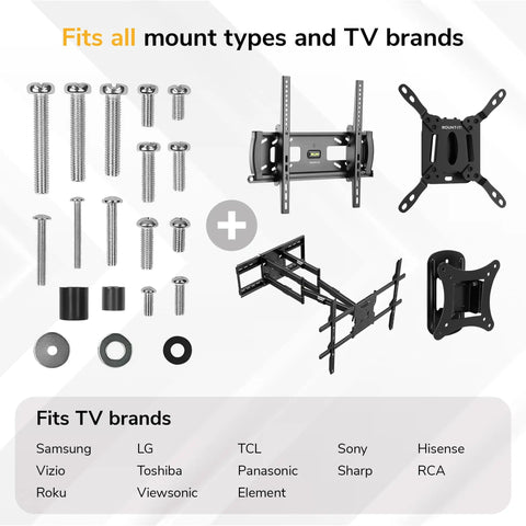Top Shelf Universal TV Mount Hardware Kit Loaded With Premium Vesa Screws Security Washers And Precision Spacers For A Bulletproof Wall Setup On 19 To 85 Inch Flat Screens - assortment of steel screws and wall mounts.