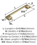 Diagram of Golden Champagne Riva Cabinet Pull 5 1/16 Inch Center To Center 5 11/16 Inch Overall Length with measurements