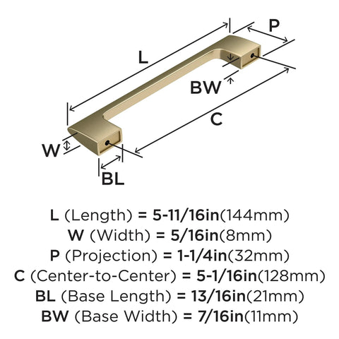 Diagram of Golden Champagne Riva Cabinet Pull 5 1/16 Inch Center To Center 5 11/16 Inch Overall Length with measurements
