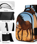 Western Style Horse Print Unisex Backpack With Large Capacity, showing detailed handle, shoulder strap, double zipper, and side pockets.
