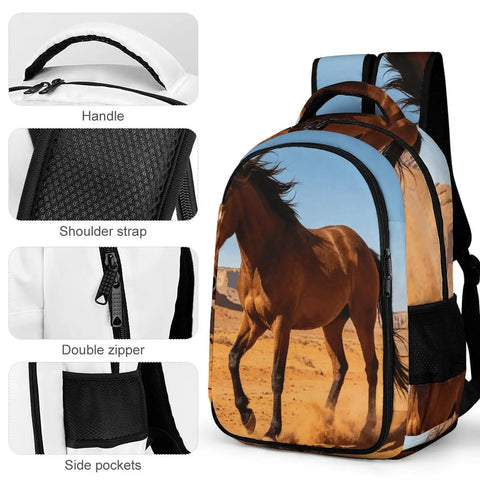 Western Style Horse Print Unisex Backpack With Large Capacity, showing detailed handle, shoulder strap, double zipper, and side pockets.