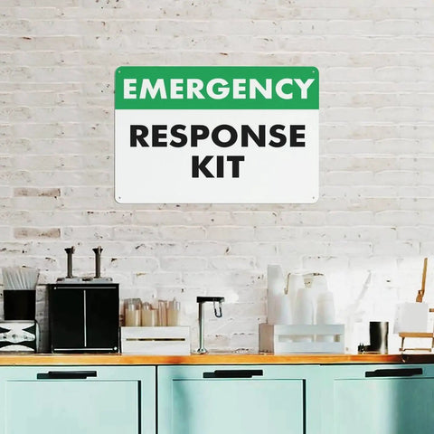 Emergency Response Kit First Aid Sign 8x12 Inches Rust Free Aluminum Weatherproof Wall Mount Safety Warning in office kitchen