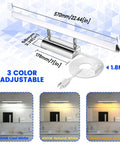 22 Inch Dimmable LED Vanity Light For Bathroom With Three Color Temperature Options 3000K 4000K 6000K Remote With Memory Plug In Wall Mount Fixture For Cabinet Mirror Lighting, showing dimensions and color settings.