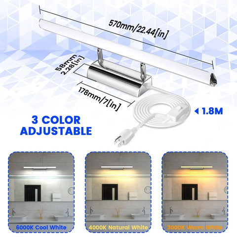 22 Inch Dimmable LED Vanity Light For Bathroom With Three Color Temperature Options 3000K 4000K 6000K Remote With Memory Plug In Wall Mount Fixture For Cabinet Mirror Lighting, showing dimensions and color settings.