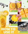 Instructions for Heavy Duty Lemon Squeezer Juicer Hand Press: cut lemon, place in juicer, squeeze with ergonomic long lever for fresh juice.