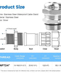 Two Pack Stainless Steel IP68 Waterproof Cable Gland With Adjustable Locknut And Gaskets, product size diagram with dimensions
