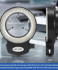 Kick It Up With This Hella Bright 144 Led Ring Microscope Light Featuring A Super Smooth Dimmer Switch Slick Adjustable Illuminator showing dimensions and features.