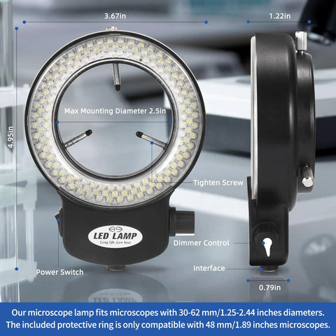 Kick It Up With This Hella Bright 144 Led Ring Microscope Light Featuring A Super Smooth Dimmer Switch Slick Adjustable Illuminator showing dimensions and features.