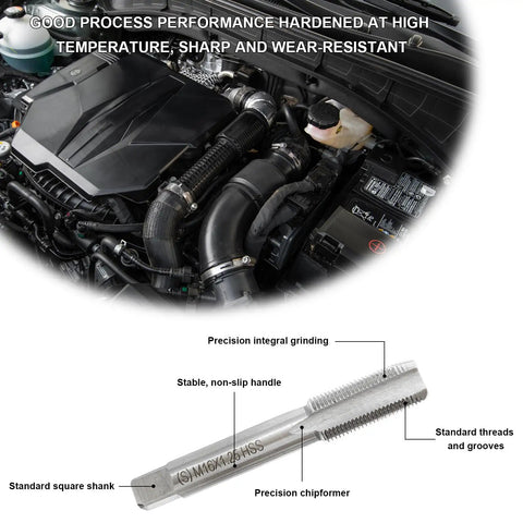Engine view with Spark Plug Thread Fix Kit With M14x1.25 Inserts And M16x1.25 Tap Stainless Steel Thread Repair Tool shown.