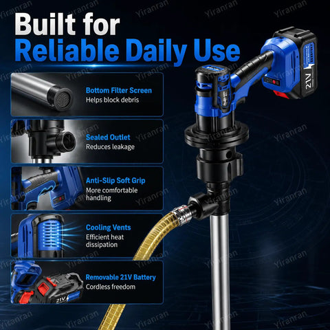 Cordless Electric Oil Drum Pump With 92cm Stainless Steel Tube And Long Hose For Diesel Fuel Transfer Brushless Motor High Flow Rate Fast Transfer Jobsite Convenience Heavy Duty Battery Operated Portable