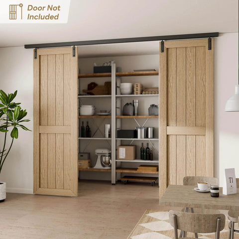 8Ft Ceiling Mount Box Rail Barn Door Hardware Kit Heavy Duty Steel Sliding Track For Interior And Exterior Double Doors installed