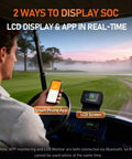 Driver using smartphone app and LCD to monitor 36V 105Ah LiFePO4 Golf Cart Battery With 200A Smart BMS on a golf course