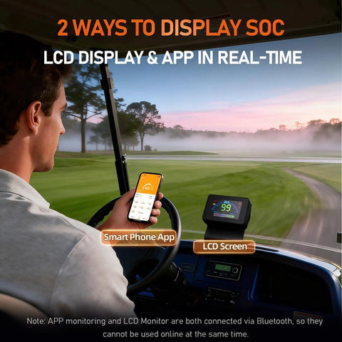 Driver using smartphone app and LCD to monitor 36V 105Ah LiFePO4 Golf Cart Battery With 200A Smart BMS on a golf course