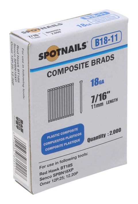 18 Ga Composite Brad Nails 7/16 Inch Polymer Woodworking Fasteners 2000 Count Box with detailed product information.