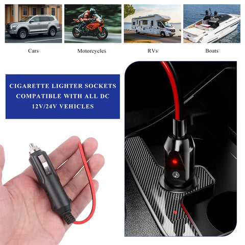 Heavy Duty Fused Cigarette Lighter Male Plug With Embedded 15A Safety Fuse And Crisp Led Glow, connected in vehicle socket.