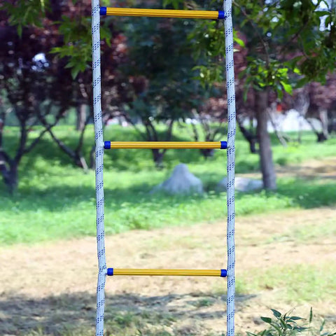 16 Foot Emergency Fire Escape Rope Ladder For Two Story Homes hanging outdoors showcasing yellow rungs and sturdy rope