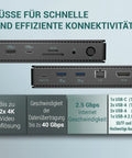 Thunderbolt 4 Docking Station Delivers Smooth Dual 4K 8K Display Setup Seven Fast USB Ports Rock Solid Two Point Five Gbps Ethernet And Ninety Two Watt Power Delivery Charging For Any USB C Computer Including Certified Cable 14 ports shown in detailed layout.