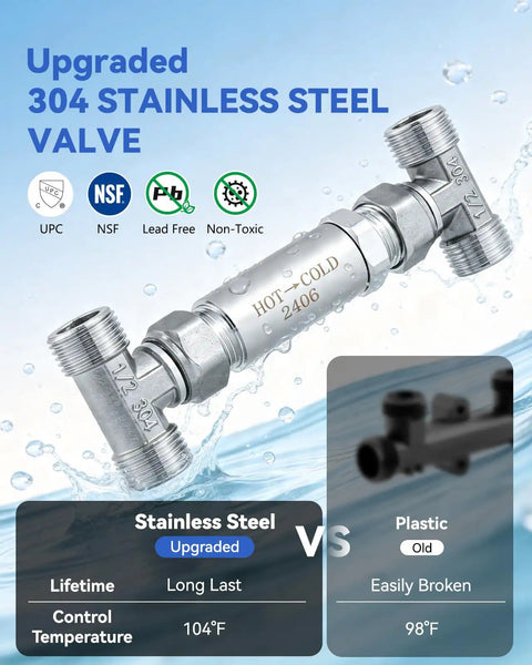 Upgraded 304 stainless steel valve designed for hot and cold water control in Instant Hot Water Recirculating Pump Kit.