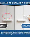 White Multi Surface Touch Up Paint Pen For Walls Doors Cabinets Metal Appliances Wood And Furniture DIY Friendly Quick Dry Scratch Repair 1.5 Fl Oz Semi Gloss Finish applied to white cabinet for scratch repair.