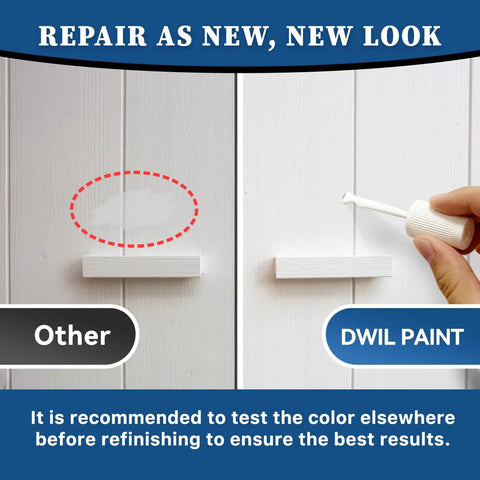 White Multi Surface Touch Up Paint Pen For Walls Doors Cabinets Metal Appliances Wood And Furniture DIY Friendly Quick Dry Scratch Repair 1.5 Fl Oz Semi Gloss Finish applied to white cabinet for scratch repair.