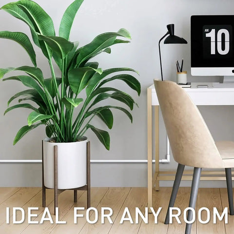 Modern room with a desk and chair next to a large potted plant, ideal for organizing with Cord Cover Kit With CordMate Channel System for Walls.
