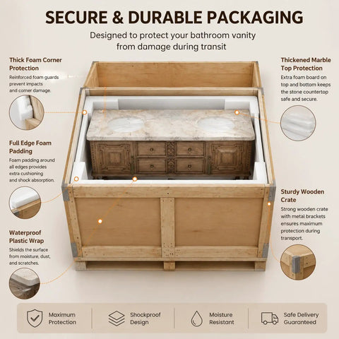 Top Shelf 76 Inch Freestanding Double Sink Bathroom Vanity Featuring Wide Mirror Medicine Cabinet Polished Marble Tops Rustic Wood Carving Details And Serious Storage securely packaged in sturdy wooden crate with foam protection.