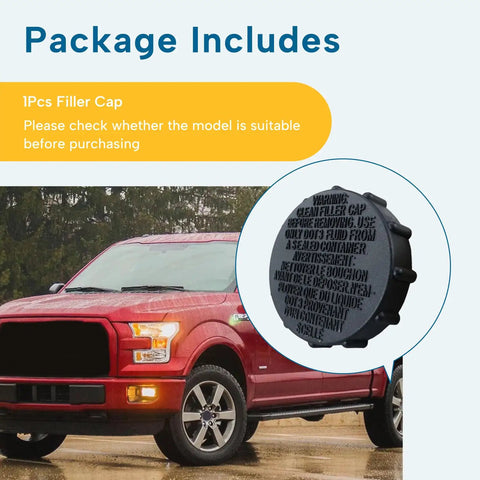 Brake Fluid Reservoir Cap Replacement For Ford F150 2015 To 2019 Expedition 2018 To 2021 Lincoln Navigator 2018 To 2021 Filler Cap BRFC19 FL3Z 2162 A Solid Fit OEM next to a red Ford truck.
