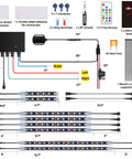 Lit Underglow LED Kit With Brake And Turn Signals For Motorcycles, includes DITRIO app, RF remote, cables, and components.