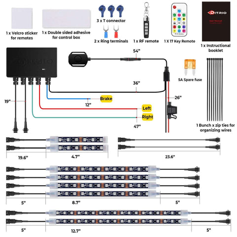 Lit Underglow LED Kit With Brake And Turn Signals For Motorcycles, includes DITRIO app, RF remote, cables, and components.