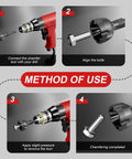 REKCKRUL 2-pack external deburring chamfer tools with tungsten carbide blades; drill-compatible, 1/4" hex shank, four-step usage diagram.