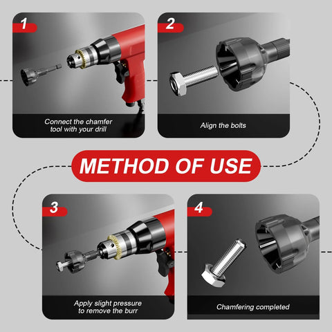 REKCKRUL 2-pack external deburring chamfer tools with tungsten carbide blades; drill-compatible, 1/4" hex shank, four-step usage diagram.