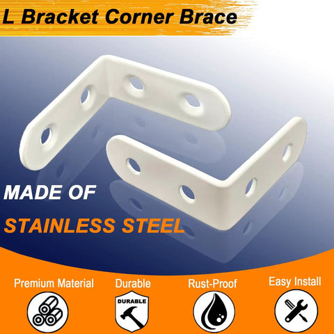 8 Pcs White L Bracket Corner Mounts 2 By 2 Inch Heavy Duty 304 Stainless Steel Shelf Supports showing two white brackets.