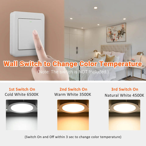Image showing wall switch setup for Six Pack 5 Inch LED Recessed Ceiling Lights Sleek Ultra Thin Canless Downlight With 3CCT Selectable 3000K 4000K 6000K 9W Equivalent 60W 720LM For Home Office Retrofit color temperature changing.