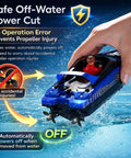 Hand holding High Speed RC Boat For Pool And Lake With 2.4Ghz Remote 120 Minutes Playtime LED Lights, demonstrating safety feature