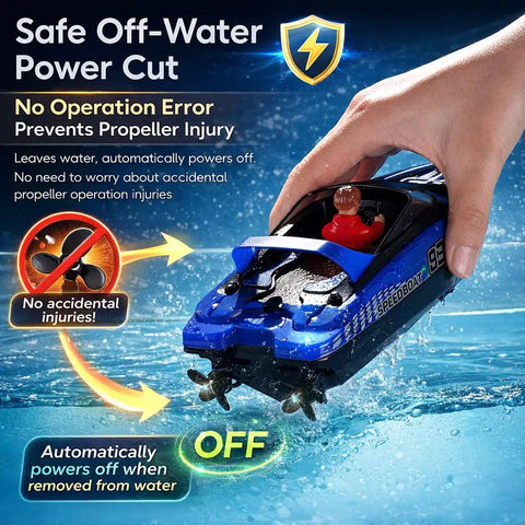 Hand holding High Speed RC Boat For Pool And Lake With 2.4Ghz Remote 120 Minutes Playtime LED Lights, demonstrating safety feature
