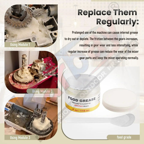 Food Grade 4 Oz Grease For Kitchen Mixers And Stand Mixers, Food Safe Lubricant To Reduce Gear Wear, Fits 4 To 7 Quart Models, Includes Gasket And Spatula, Prolongs Mixer Life And Keeps Beater Running Smoothly. Jar with gasket and spatula