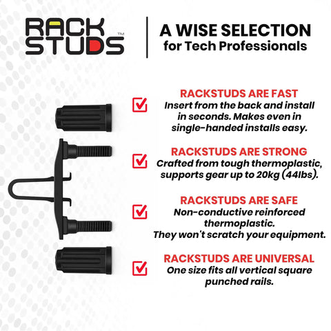 No Sweat 1RU Rack Mount Studs And Cage Nut Replacement Kit For Rapid Server Hardware Setup Featuring A Durable 50 Pack of black thermoplastic studs.