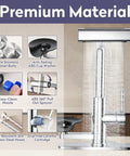 HOWUWEY Chrome Kitchen Faucet with Pull Down Sprayer & Cup Washer showcasing 304 stainless steel body and ABS cup washer.
