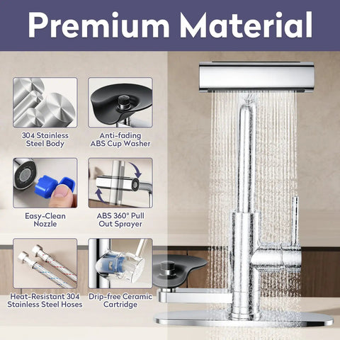 HOWUWEY Chrome Kitchen Faucet with Pull Down Sprayer & Cup Washer showcasing 304 stainless steel body and ABS cup washer.